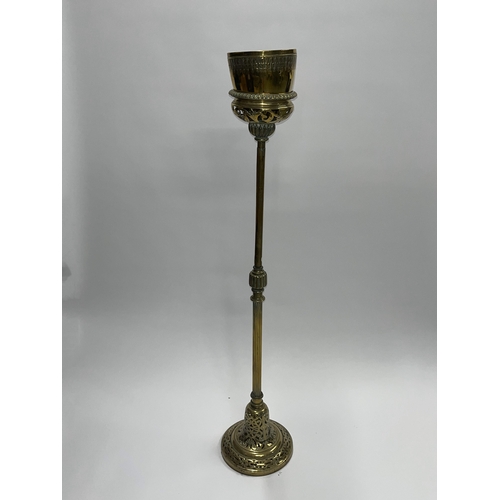 74 - Ecclesiastical style metal stand with detachable bowl, approx.  overall height 116cm