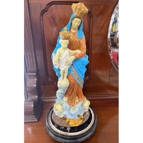 100 - Vintage hand painted chalkware figure of the virgin Mary and Jesus with glass dome, approx. overall ... 