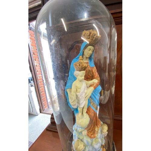 100 - Vintage hand painted chalkware figure of the virgin Mary and Jesus with glass dome, approx. overall ... 