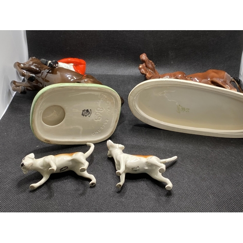 270 - Beswick huntsman on horse in rearing stance with hounds and one other horse and foal ceramic figure ... 