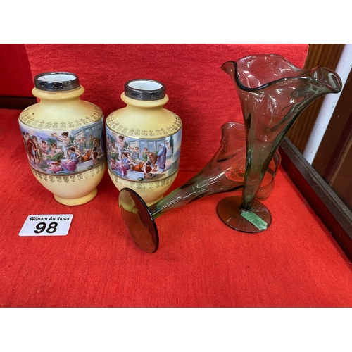 98 - Pair of small antique silver rimmed urn vases together with pair of glass bud vases