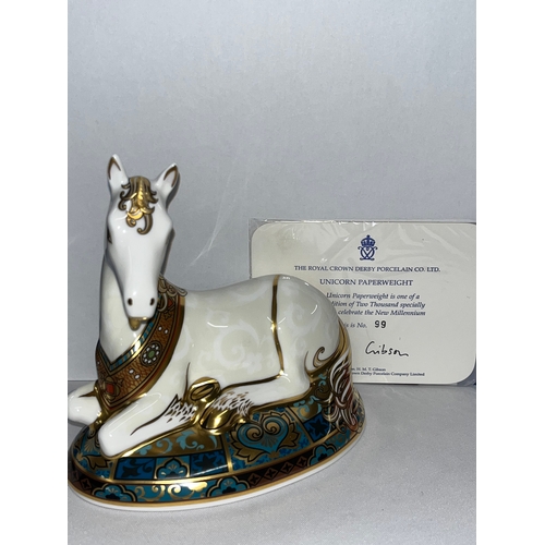 178 - Royal Crown Derby millennium unicorn paperweight, no. 99 / 2000, with gold stopper in box.