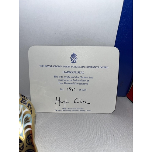 186 - Royal Crown Derby Harbour Seal paperweight with certificate no. 1591/4500, gold stopper and in box