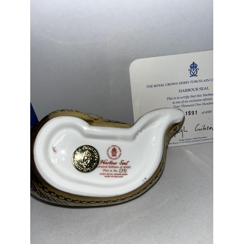 186 - Royal Crown Derby Harbour Seal paperweight with certificate no. 1591/4500, gold stopper and in box