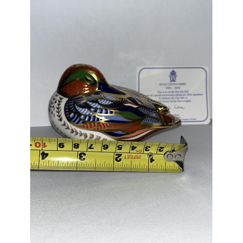 188 - Royal Crown Derby Carolina duck paperweight with golden stopper in box together with   Royal Crown D... 