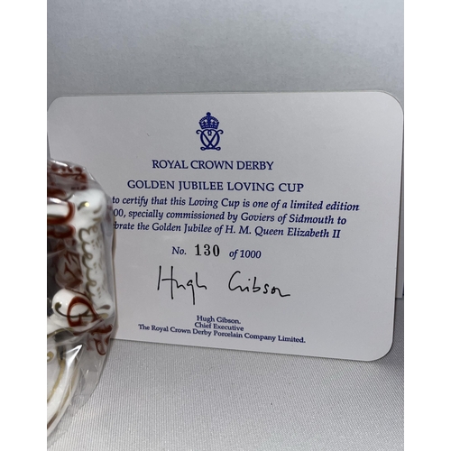 191 - Royal Crown Derby Golden Jubilee loving cup, no.130/1000 in plastic and box together with Royal Crow... 