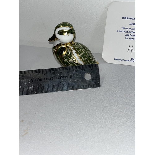 205 - Royal Crown Derby paperweight in the form of Derbyshire duckling with certificate confirming that th... 