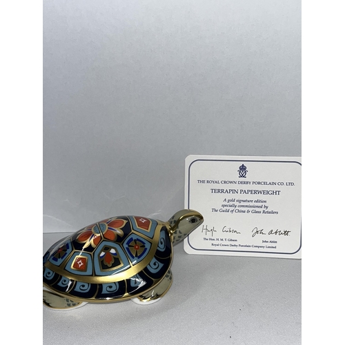 222 - Royal Crown Derby Terrapin paperweight with certificate, gold stopper and in box