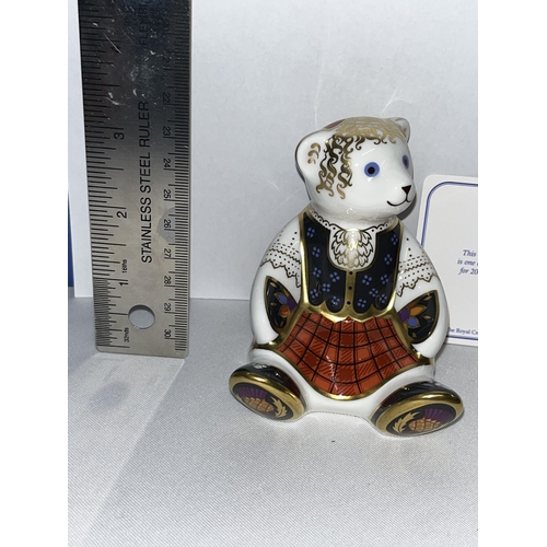 224 - Royal Crown Derby Scottish teddy paperweight with certificate, gold stopper and in box