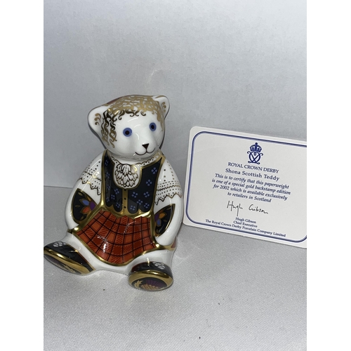 224 - Royal Crown Derby Scottish teddy paperweight with certificate, gold stopper and in box