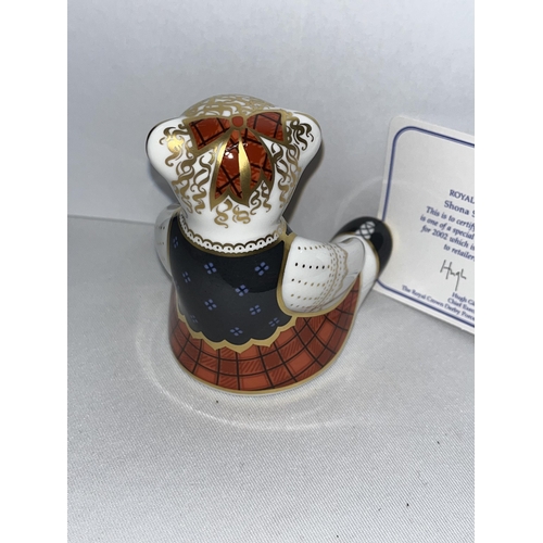 224 - Royal Crown Derby Scottish teddy paperweight with certificate, gold stopper and in box