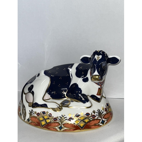 228 - Royal Crown Derby Friesian cow paperweight with gold stopper in box