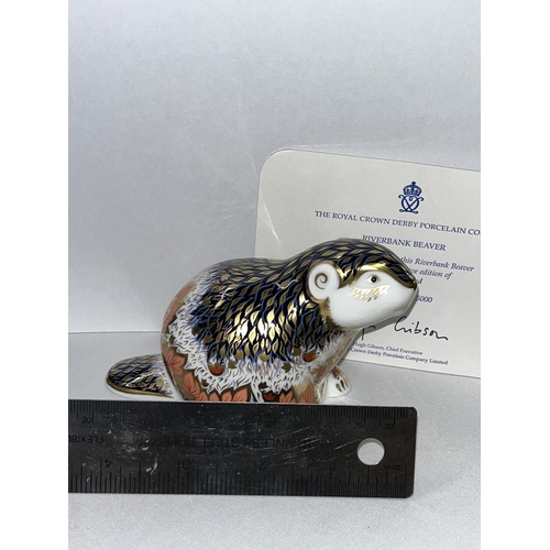 232 - Royal Crown Derby Riverbank Beaver paperweight no. 1042 / 5000 with certificate, gold stopper and bo... 