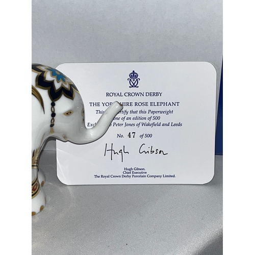 226 - Royal Crown Derby Elephant Yorkshire Rose paperweight no.47 / 500 in box with gold stopper and certi... 