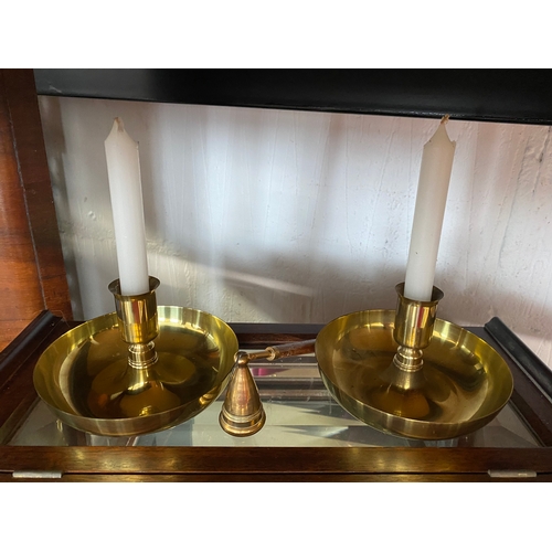 55 - A pair of wall hung mahogany cases with bevelled glass panels and removable brass coloured candle ho... 