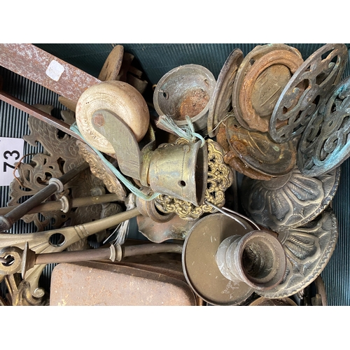 73 - A quantity of vintage and antique furniture pieces including door plates, ceramic and brass wheels, ... 