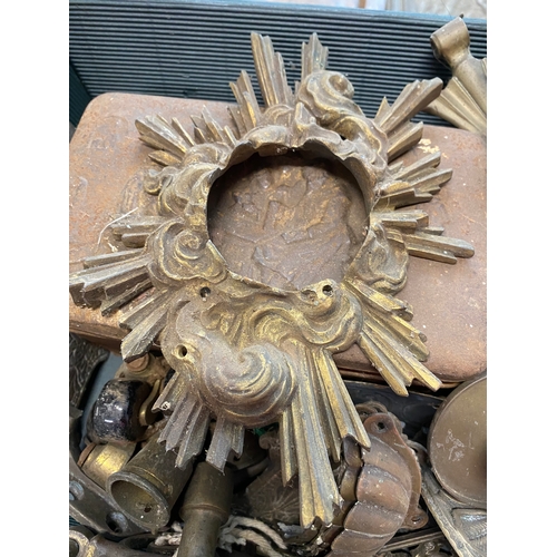 73 - A quantity of vintage and antique furniture pieces including door plates, ceramic and brass wheels, ... 