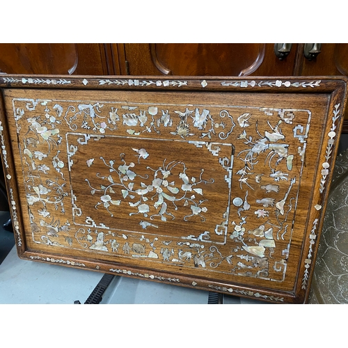 82 - Mother of Pearl rectangular tray with decorative oriental hand carved scenes together with decorativ... 