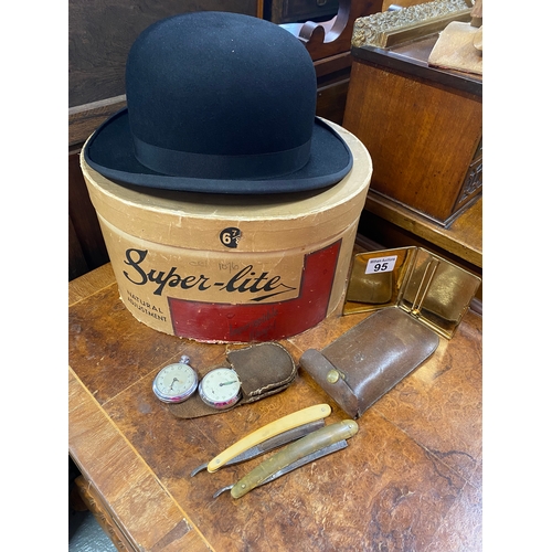 95 - Bowler hat 'Super Lite' No1 in original box together with x2 Smiths pocket watches in leather pouch ... 