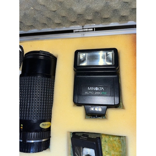 246 - Aluminium case containing a Minolta XD7 body, Minolta X-700 35mm camera body with Osawa MC 70-150mm ... 