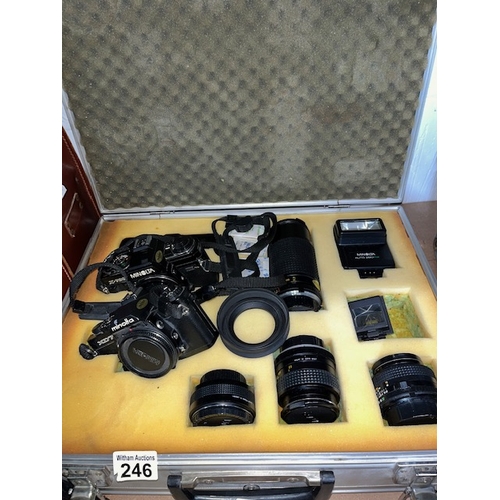 246 - Aluminium case containing a Minolta XD7 body, Minolta X-700 35mm camera body with Osawa MC 70-150mm ... 