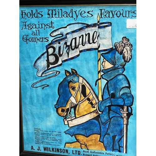 280 - Clarice Cliff poster Bizarre range, depicting mounted knight in blue 'Holds Miladyes Favours Against... 