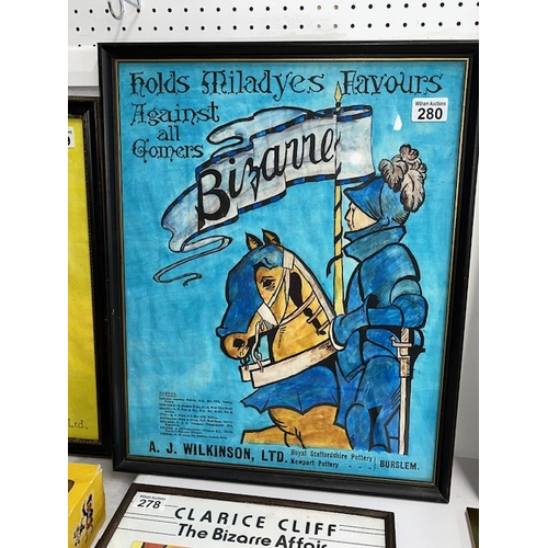 280 - Clarice Cliff poster Bizarre range, depicting mounted knight in blue 'Holds Miladyes Favours Against... 