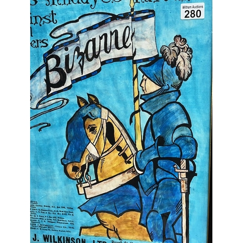 280 - Clarice Cliff poster Bizarre range, depicting mounted knight in blue 'Holds Miladyes Favours Against... 