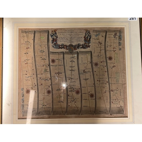 281 - A framed map of the road from London to Norwich in Norfolk by John Ogilby containing 108 miles