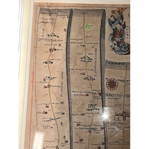 281 - A framed map of the road from London to Norwich in Norfolk by John Ogilby containing 108 miles