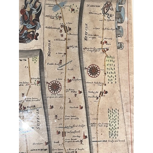 281 - A framed map of the road from London to Norwich in Norfolk by John Ogilby containing 108 miles