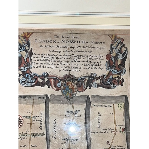 281 - A framed map of the road from London to Norwich in Norfolk by John Ogilby containing 108 miles