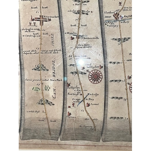 281 - A framed map of the road from London to Norwich in Norfolk by John Ogilby containing 108 miles