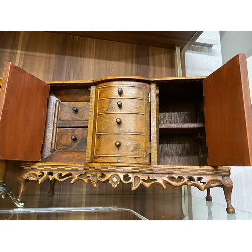 132 - Handcrafted jewellery box in various hardwoods engineered in the form of a sideboard, with false dra... 