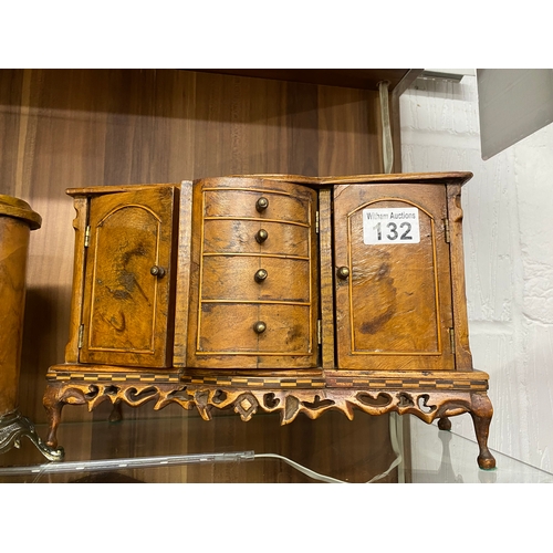 132 - Handcrafted jewellery box in various hardwoods engineered in the form of a sideboard, with false dra... 