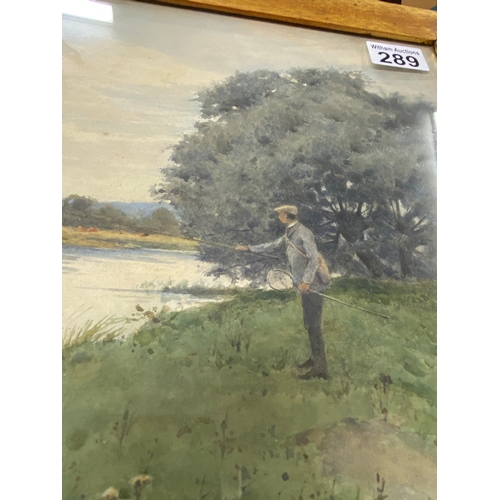 289 - Original watercolour depicting gentleman angler fishing alongside a river bank, signed J.C.Halfpenny... 