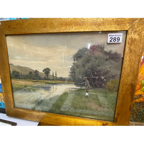 289 - Original watercolour depicting gentleman angler fishing alongside a river bank, signed J.C.Halfpenny... 