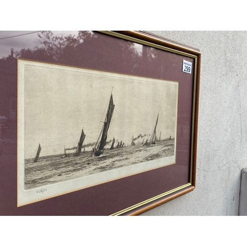 299 - Lithograph / inking of a scene depicting sailing vessels along the Thames signed lower left in penci... 