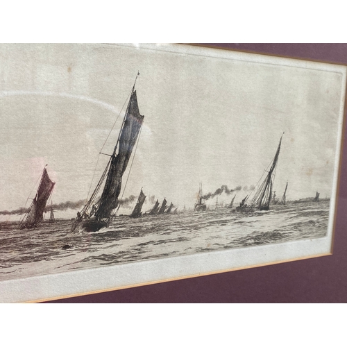 299 - Lithograph / inking of a scene depicting sailing vessels along the Thames signed lower left in penci... 