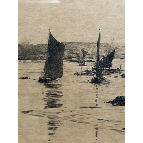 297 - Lithograph / inking Of a scene depicting sailing vessels Medway? signed lower left in pencil W.L. WY... 