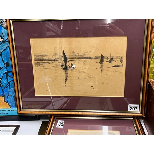 297 - Lithograph / inking Of a scene depicting sailing vessels Medway? signed lower left in pencil W.L. WY... 