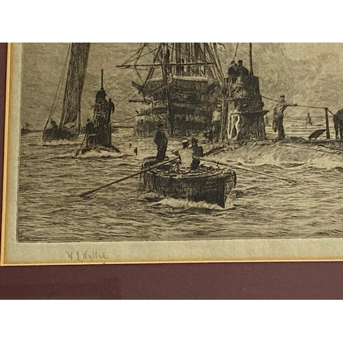 298 - Lithograph / inking of a scene depicting sailing vessels and early type submarines with HMS Victory ... 