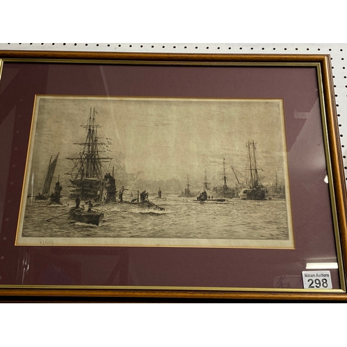 298 - Lithograph / inking of a scene depicting sailing vessels and early type submarines with HMS Victory ... 