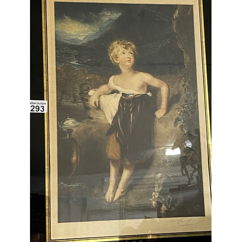 293 - Two co-ordinating framed vintage-coloured prints, one features Gainsborough blue boy and the other c... 