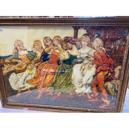 Original watercolour by Noel L Nisbet (1887 – 1956) entitled 'When All Was Young and Fair' depicting 15th century figures rejoicing in a woodland setting, approx. overall size including frame 84cm x 60cm. With exhibition labels to reverse.
Please contact us ahead of bidding for postage enquiries.