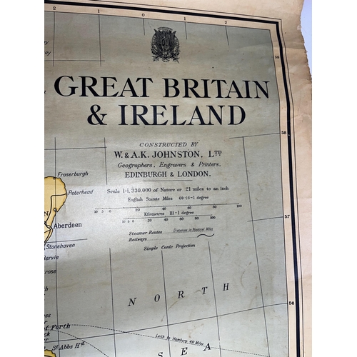 35 - A vintage map of Great Britain and Ireland (mounted on wooden pole to roll), in good condition