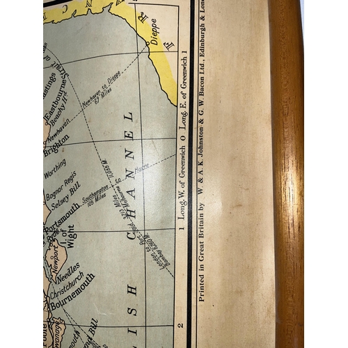 35 - A vintage map of Great Britain and Ireland (mounted on wooden pole to roll), in good condition