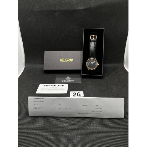 26 - A Helgray watch 'Brigadier' automatic wristwatch with black face and rose gold-coloured hands, case ... 