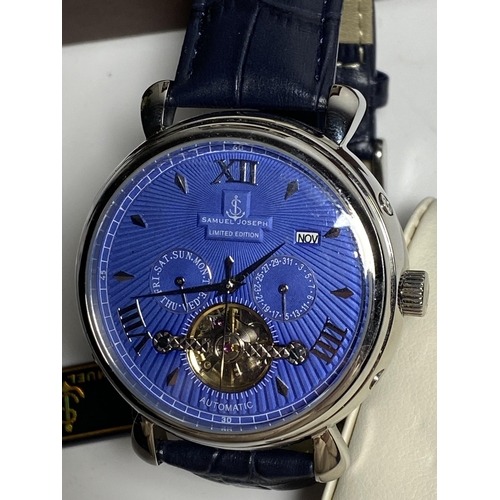 454 - Samuel Joseph limited edition steel and blue automatic designer men's wristwatch, case diameter 45mm... 