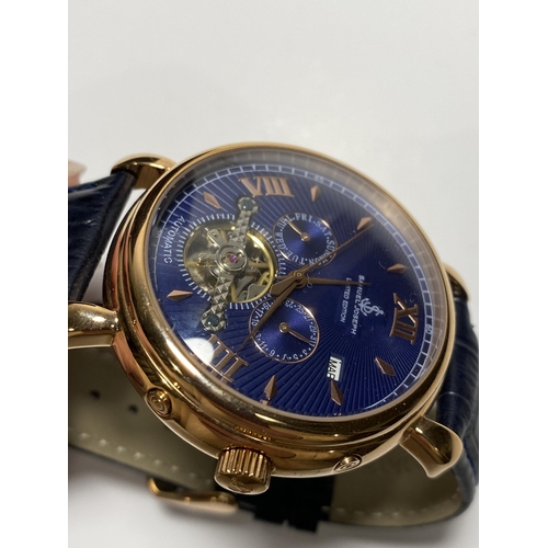 456 - Samuel Joseph Limited edition ,Navy and Rose gold automatic skeleton watch,3 dials and date, case di... 